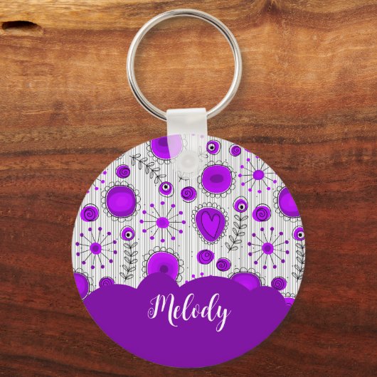 Porte-clés Coeurs blancs violet blanc Whimsical fleurs nom fl (Verso)