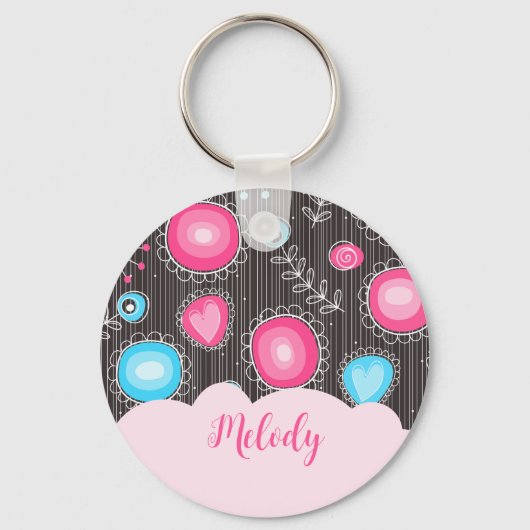 Porte-clés Coeurs bleu rose blanc et nom floral des fleurs (Recto)