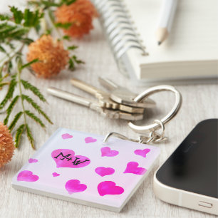 Porte-clés Coeurs d'aquarelle rose Personnalisé Nom de couple