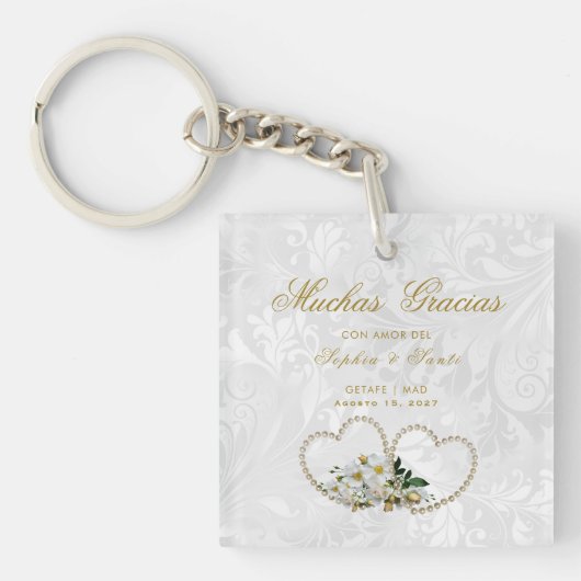 Porte-clés Cœurs de perles et fleurs, Damas merci (Devant)