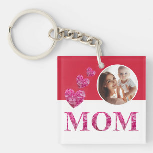 Porte-clés Coeurs floraux roses "MOM" Lettrer Photo Rouge Bla