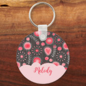 Porte-clés Coeurs gris-blanc et fleurs nom floral (Recto)