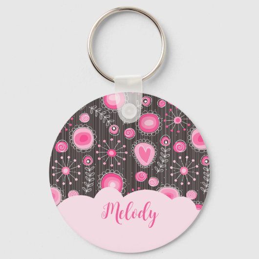 Porte-clés Coeurs gris rose blanc et nom fleuri (Recto)