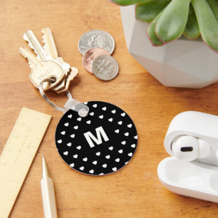 Porte-clés Cœurs noir et blanc motif à pois monogramme