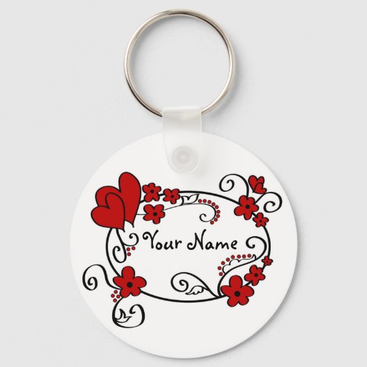 Porte-clés Coeurs rouges et fleurs - Porte - clé (Recto)