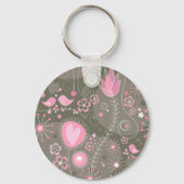 Porte-clés Coeurs Whimsical rose et gris, oiseaux et fleurs (Recto)