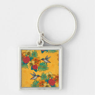 Porte-clés Colibris et bouquet tropical en jaune