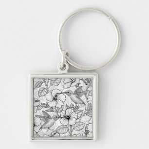 Porte-clés Colibris et fleurs d'hibiscus b&w