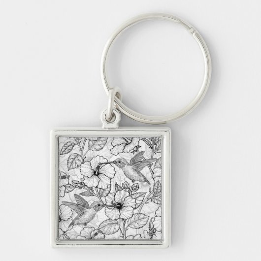 Porte-clés Colibris et fleurs d'hibiscus b&w (Devant)