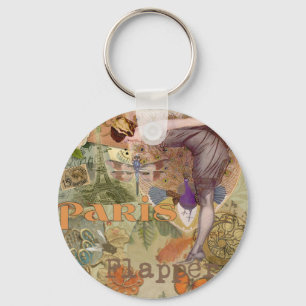 Porte-clés Collage Art Déco Paon Flapper Paris Vintage