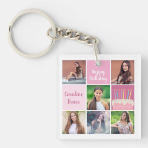 Porte-clés Collage de photos rose personnalisé pour l'anniver