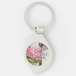 Porte-clés Collage d'hortensia rose chic Art damassé vintage