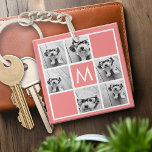 Porte-clés Collage photo de corail et blanc Monogramme person<br><div class="desc">Vous pouvez utiliser des photos Instagram pour cette conception. Utilisez 6 photos carrés pour créer un cadeau unique et personnel. Ou vous pouvez garder le chiot hipster et faire un gardien branché. Si vous avez besoin d'ajuster les images,  cliquez sur l'outil personnaliser pour apporter des modifications.</div>