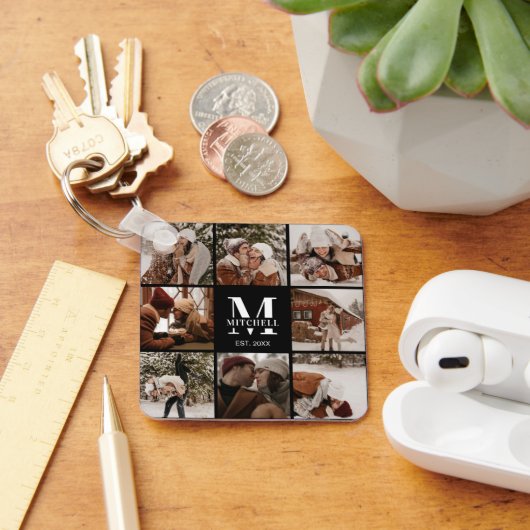 Porte-clés Collage photo de couple monogrammé | Cadeau Monogr (Bureau)