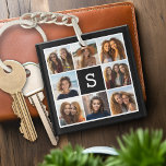 Porte-clés Collage photo noir et blanc 8 Monogramme personnal<br><div class="desc">Vous pouvez utiliser des photos Instagram pour cette conception. Utilisez 8 photos carrés pour créer un cadeau unique et personnel. Ou vous pouvez garder le chiot hipster et faire un gardien branché. Si vous avez besoin d'ajuster les images,  cliquez sur l'outil personnaliser pour apporter des modifications.</div>