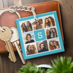 Porte-clés Collage photo personnalisé monogramme bleu aqua