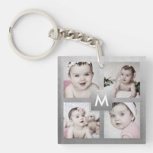 Porte-clés Collage photo personnalisé Monogramme en argent 4 (Devant)