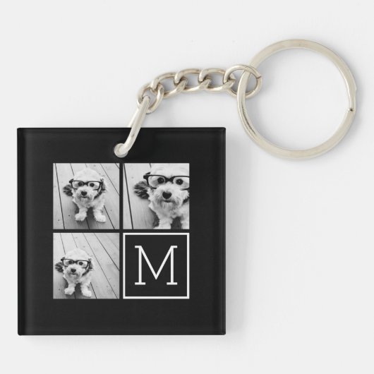 Porte-clés Collage photo tendance noir et blanc avec Monogram (Dos)