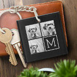 Porte-clés Collage photo tendance noir et blanc avec Monogram<br><div class="desc">Utilisez 3 photos carrés pour créer un cadeau unique et personnel. Ou vous pouvez garder le chiot hipster et faire un gardien branché. Si vous avez besoin d'ajuster les images,  cliquez sur l'outil personnaliser pour apporter des modifications.</div>