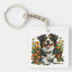 Porte-clés Collie Bordure Mignonne En Fleurs