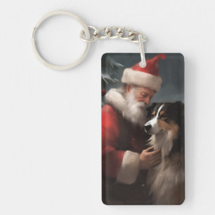 Porte-clés Collie frontalier avec Noël Festif du Père Noël