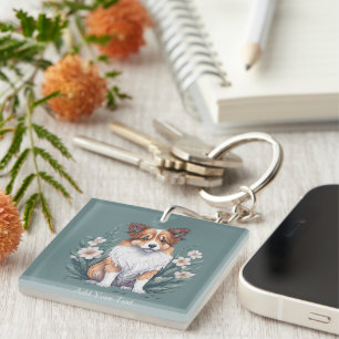 Porte-clés Collie mignon entouré de fleurs -