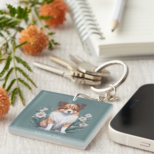 Porte-clés Collie mignon entouré de fleurs - (Devant Droit)
