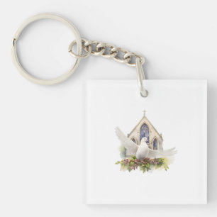 Porte-clés Colombe blanche avec église
