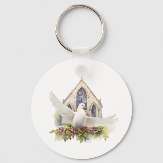 Porte-clés Colombe blanche avec église (Recto)