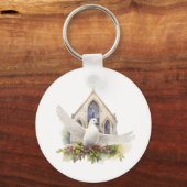 Porte-clés Colombe blanche avec église (Recto)