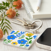 Porte-clés Conception botanique florale bleue et jaune (Devant Droit)