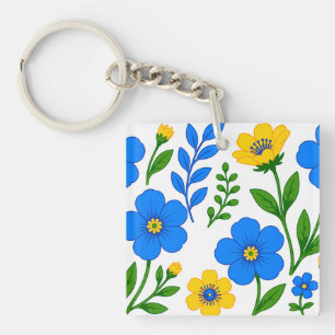 Porte-clés Conception botanique florale bleue et jaune