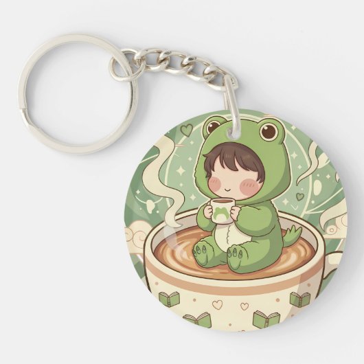 Porte-clés Conception de conte de café de grenouille mignonne (Devant)