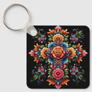 Porte-clés Conception de croix florales mexicaine