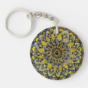 Porte-clés Conception de mandala dessinée à la main jaune ver
