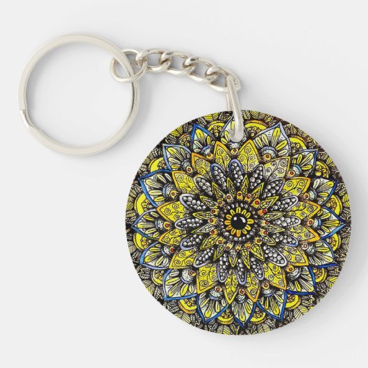 Porte-clés Conception de mandala dessinée à la main jaune ver (Devant)