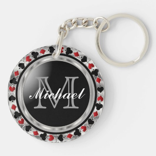 Porte-clés Conception de Poker Metallic Argent | Monogramme (Dos)