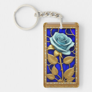 Porte-clés Conception de Rose Bleue en Verre Cathédrale