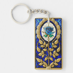 Porte-clés Conception de Rose Bleue en Verre Coloré