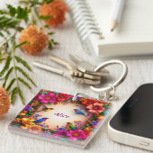 Porte-clés 🌸 Conception Fleurie Oiseau Nom Personnalisé Cade (Devant Droit)