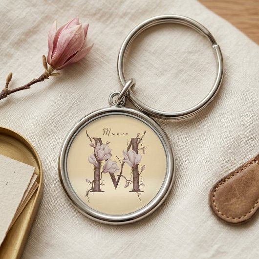 Porte-clés Conception florale de magnolia initiale élégante M