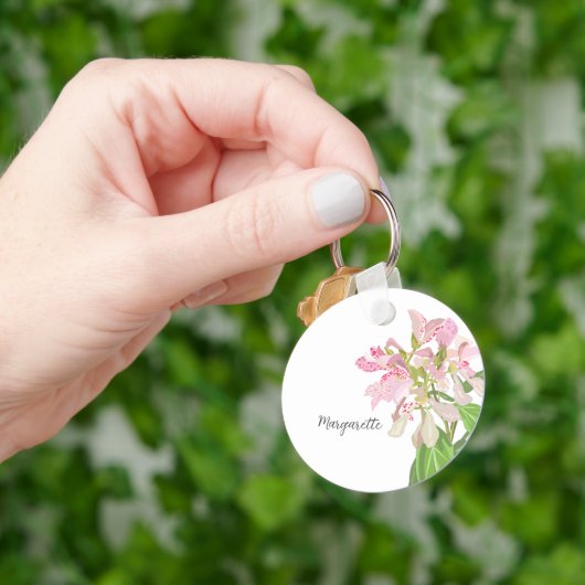 Porte-clés Conception florale d'orchidée rose – Art botanique (main)