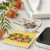 Porte-clés Conception florale orange avec feuilles vertes (Devant Droit)