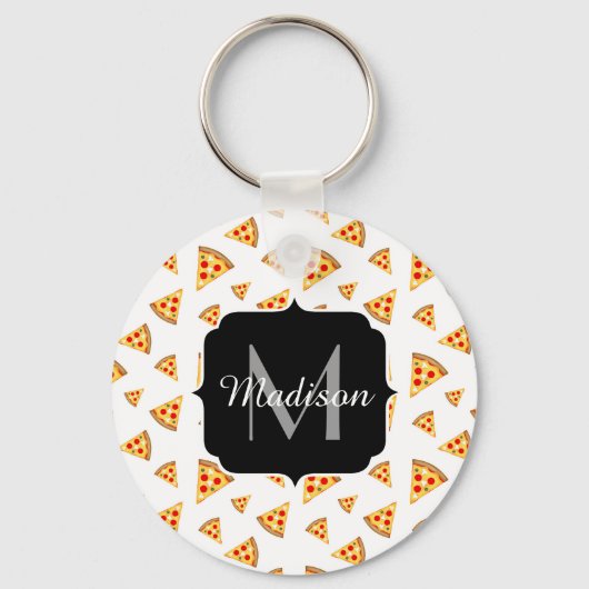 Porte-clés Cool et fun pizza tranches motif Monogram blanc (Verso)