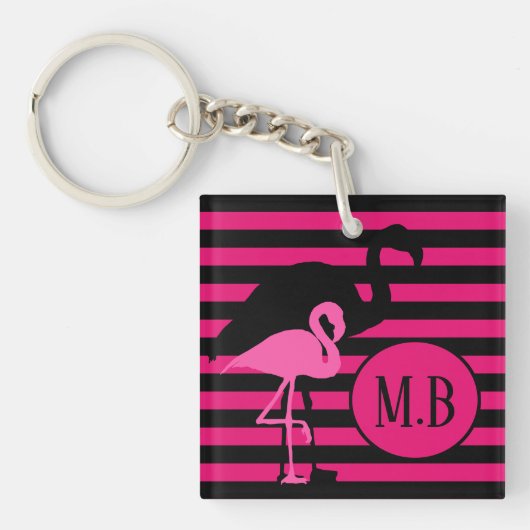 Porte-clés Cool Flamant rose noir et rose rayures Monogramme (Devant)