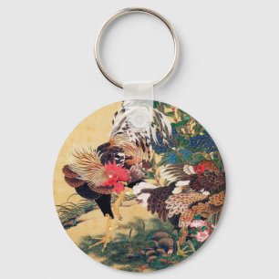 Porte-clés Coq et Hen avec Hydrangeas par Ito Jakuchu