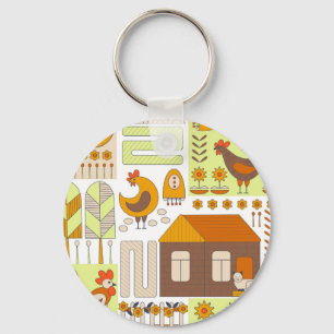 Porte-clés Coq, poules, dessin géométrique floral.