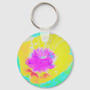 Porte-clés Coquelicot jaune avec centre rose vif sur turquois