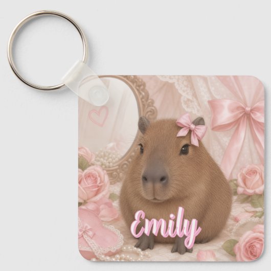 Porte-clés coquette capybara noeud rose (Recto)