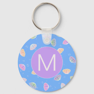 Porte-clés Coquillages colorés Motif Monogramme bleu clair